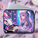 Anime Girl Playing Piano Personalized Laptop Sleeve<br><div class="desc">Personalized laptop sleeve. Pretty anime girl playing the piano surrounded by stars and flowers in purple,  blue and pink.</div>