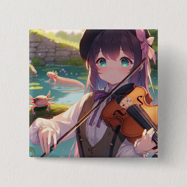 Anime Girl Playing the Violin and Axolotls 2 Inch Square Button (Front)