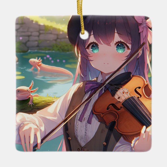 Anime Girl Playing the Violin and Axolotls Ceramic Ornament (Front)