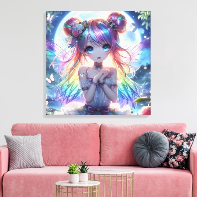 Anime Girl Rainbow Hair Singing Moon Fairy Canvas Print (Insitu(LivingRoom))