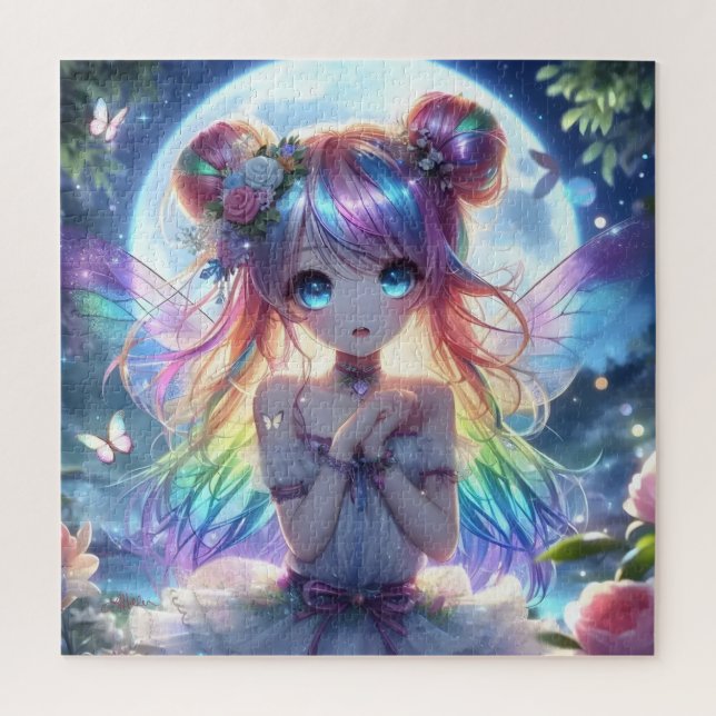 Anime Girl Rainbow Hair Singing Moon Fairy Jigsaw Puzzle (Vertical)
