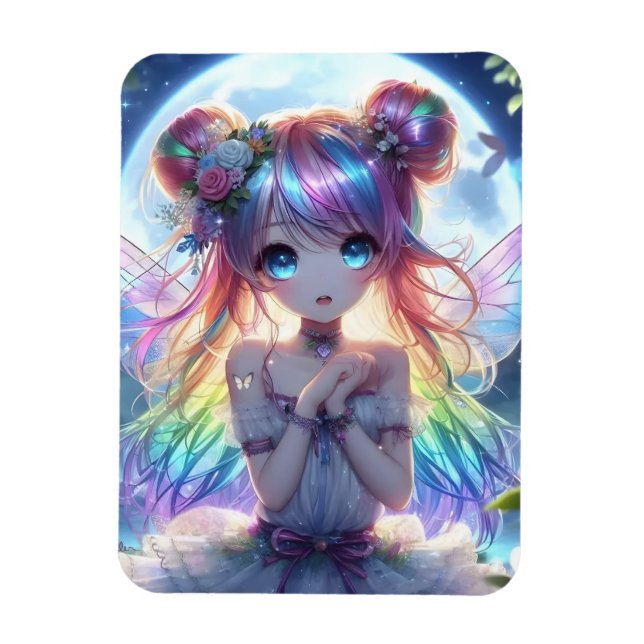 Anime Girl Rainbow Hair Singing Moon Fairy Magnet (Vertical)