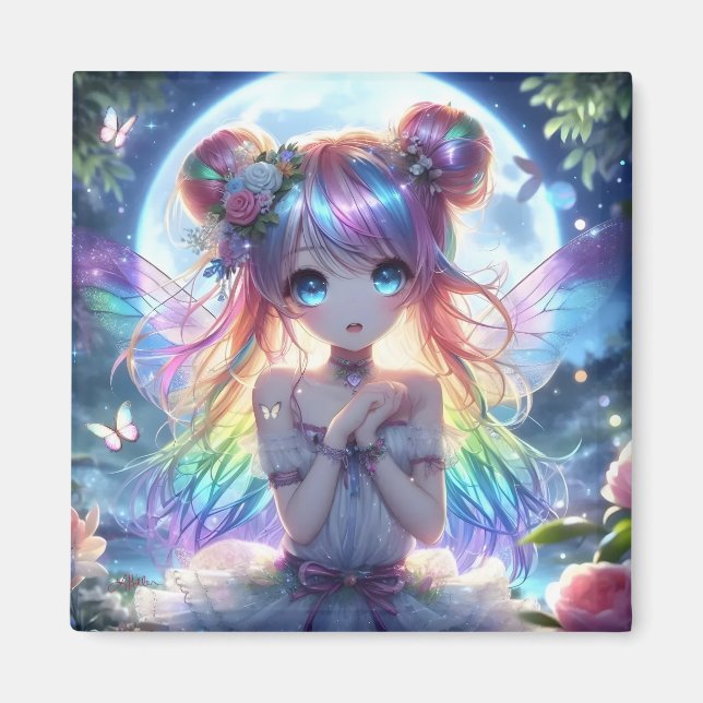 Anime Girl Rainbow Hair Singing Moon Fairy Magnet (Front)
