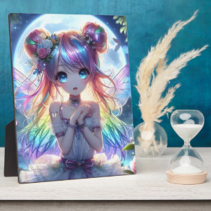Anime Girl Rainbow Hair Singing Moon Fairy Plaque