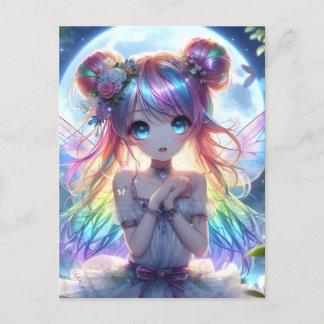Anime Girl Rainbow Hair Singing Moon Fairy Postcard