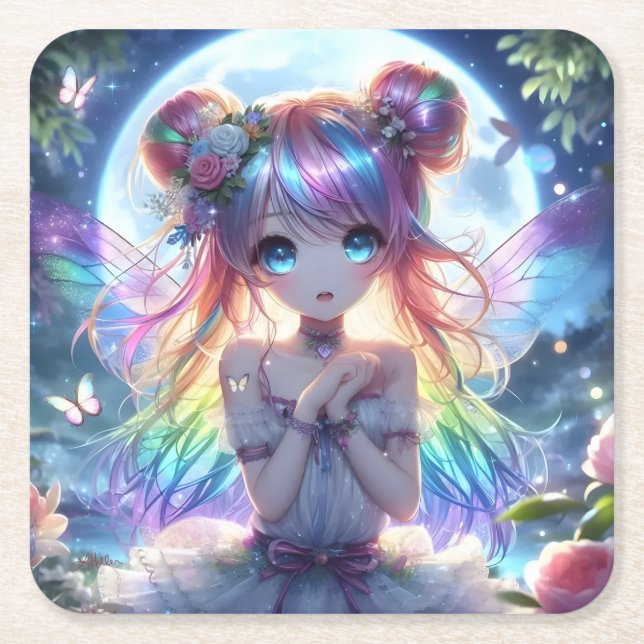 Anime Girl Rainbow Hair Singing Moon Fairy Square Paper Coaster (Front)