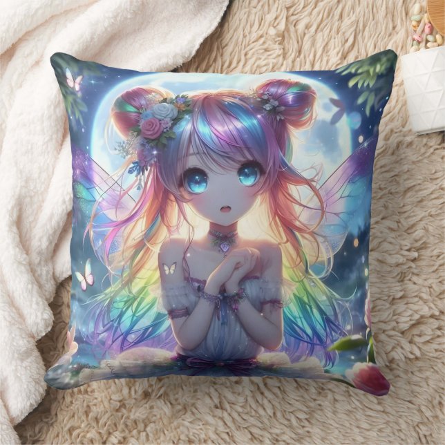 Anime Girl Rainbow Hair Singing Moon Fairy Throw Pillow (Blanket)