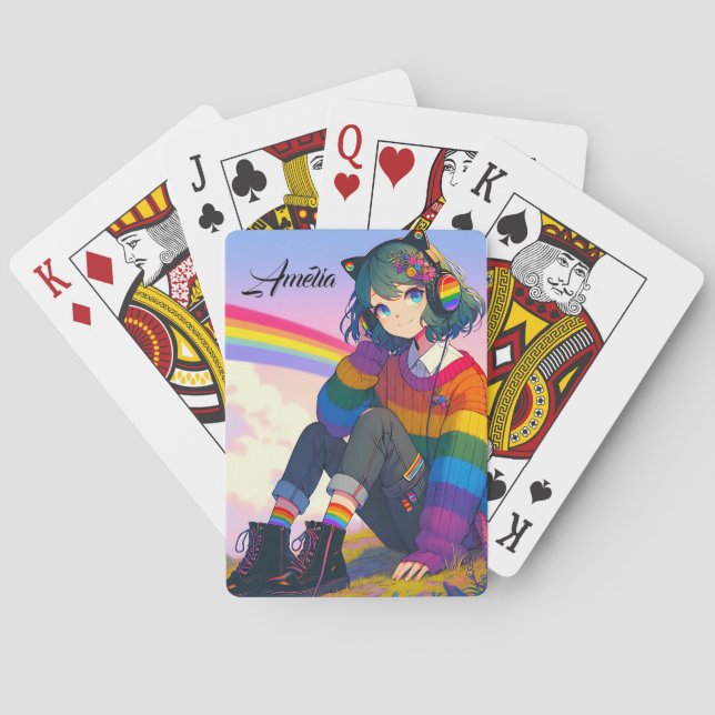 Anime Girl Rainbow Sweater Personalized  Playing Cards (Back)