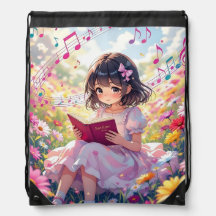 Anime Girl Reading  in Flowers and Musical Notes