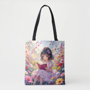 Anime Girl Reading  in Flowers and Musical Notes Tote Bag