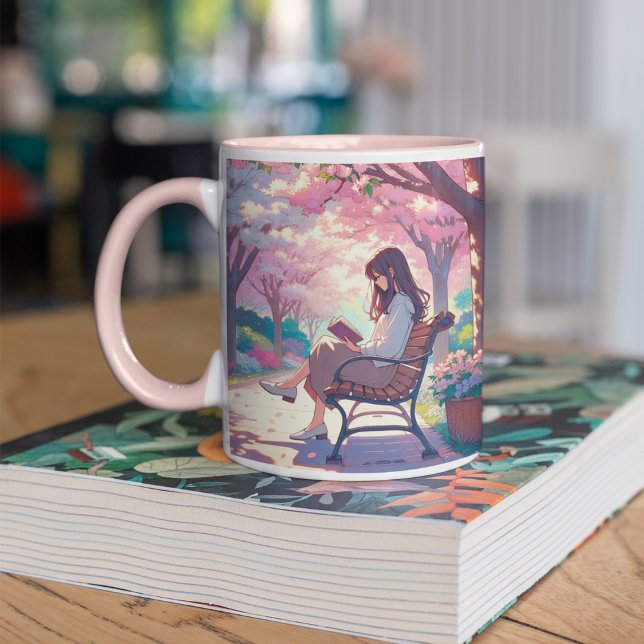 Anime Girl Reading in the Park Two-Tone Coffee Mug (Creator Uploaded)