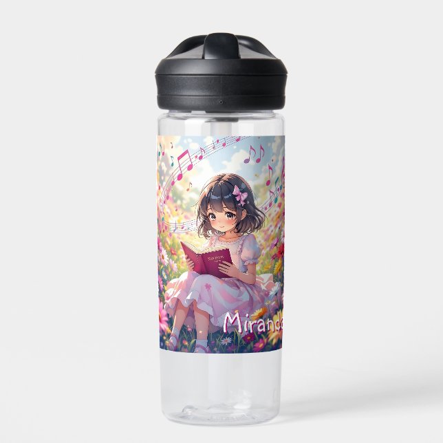 Anime Girl Reading Personalized  Water Bottle (Front)
