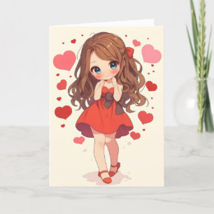 Anime Girl Red Chibi Heart Holiday Card