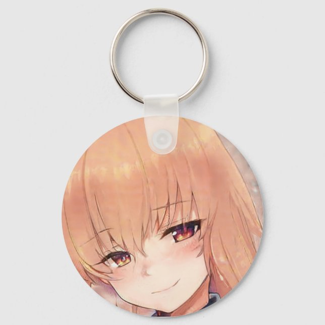 Anime girl redhead ginger knowing smile amber keychain (Front)