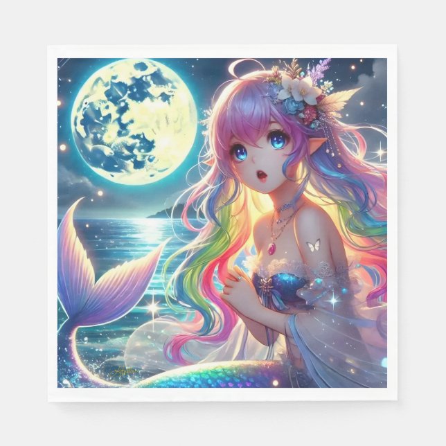 Anime Girl Singing Moonlight Pixie Rainbow Mermaid Napkin (Front)