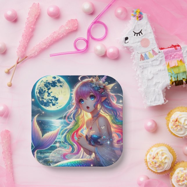Anime Girl Singing Moonlight Pixie Rainbow Mermaid Paper Plate (Party)