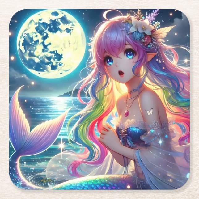 Anime Girl Singing Moonlight Pixie Rainbow Mermaid Square Paper Coaster (Front)