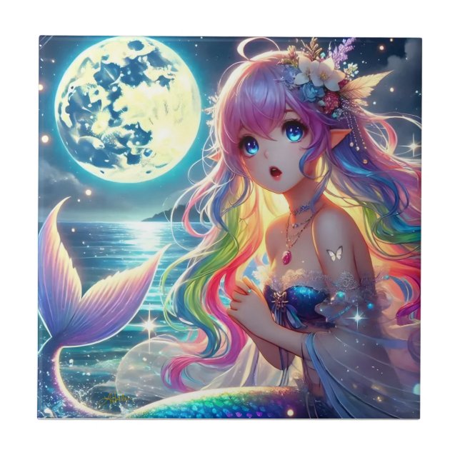 Anime Girl Singing Moonlight Pixie Rainbow Mermaid Tile (Front)