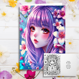 Anime Girl Themed Colouring Page Birthday Card