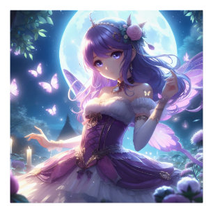 Anime Girl Violet Butterfly Wing Moon Fairy Photo Print