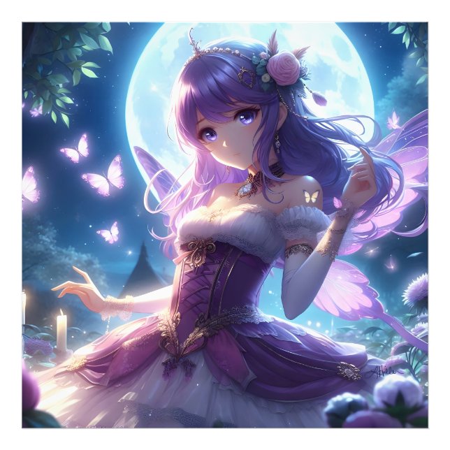 Anime Girl Violet Butterfly Wing Moon Fairy  Photo Print (Front)