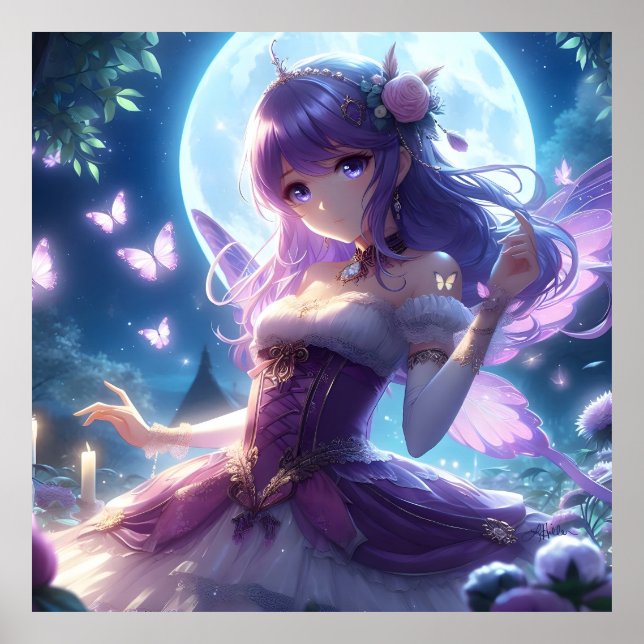 Anime Girl Violet Butterfly Wing Moon Fairy  Poster (Front)