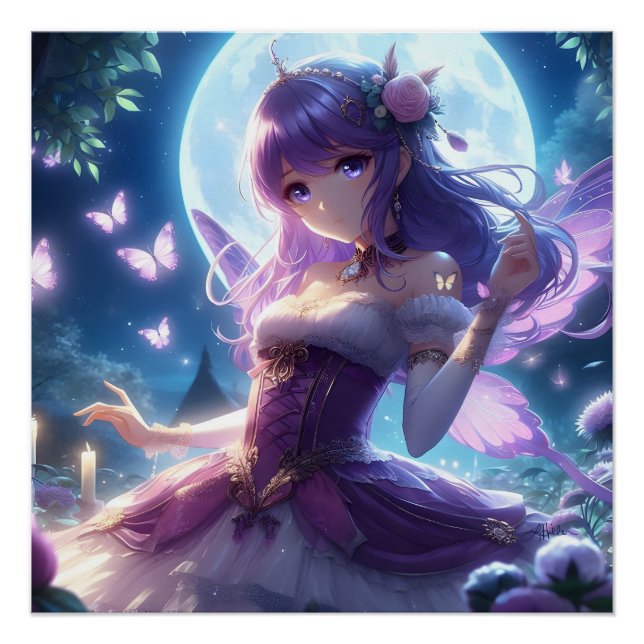 Anime Girl Violet Butterfly Wing Moon Fairy  Poster (Front)