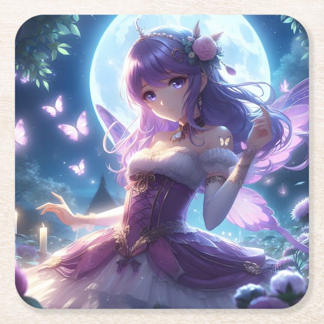 Anime Girl Violet Butterfly Wing Moon Fairy  Square Paper Coaster (Front)