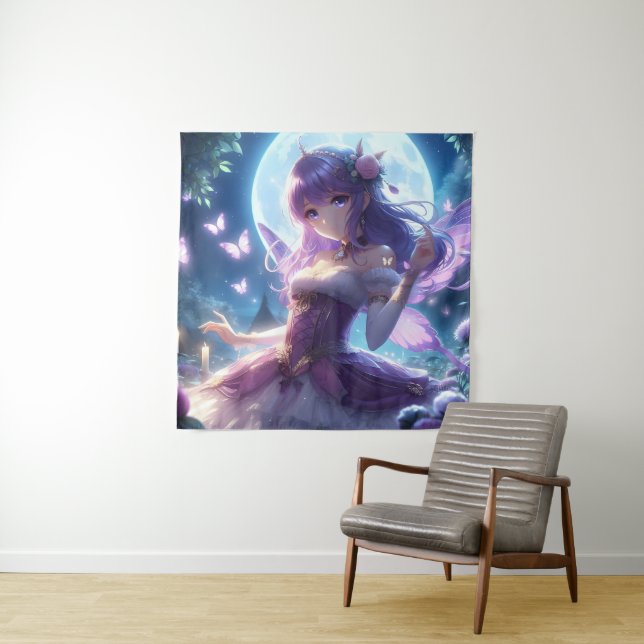 Anime Girl Violet Butterfly Wing Moon Fairy  Tapestry (In Situ)