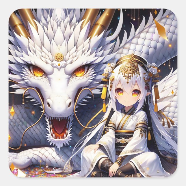 Anime Girl Warrior and Dragon Ai Art Square Sticker (Front)