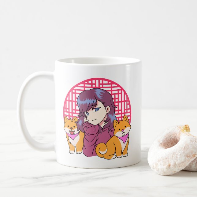 Anime Girl with Dogs Coffee Mug (With Donut)