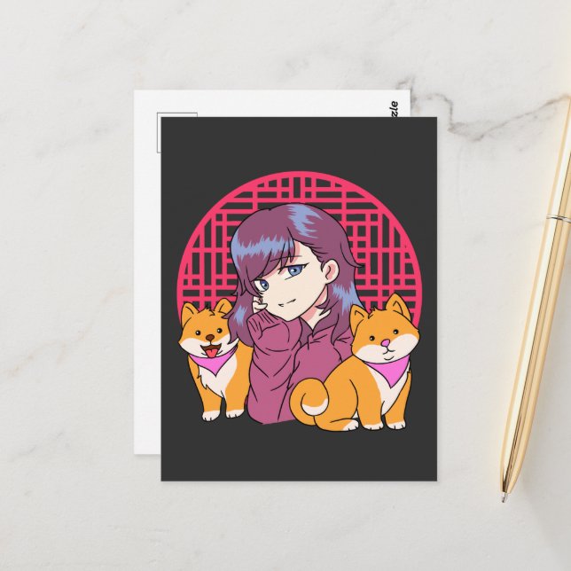 Anime Girl with Dogs Postcard (Front/Back In Situ)