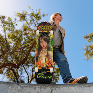 Anime girl with fire flame Skateboard