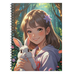 Anime Girl with Flower Ribbon and her Bunny Notebook