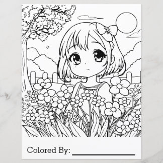 Anime Girl with Flowers | Colouring Page