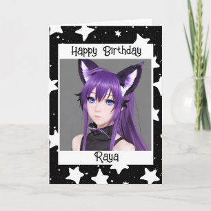 Anime Girl with Fox Ears Purple Birthday Card