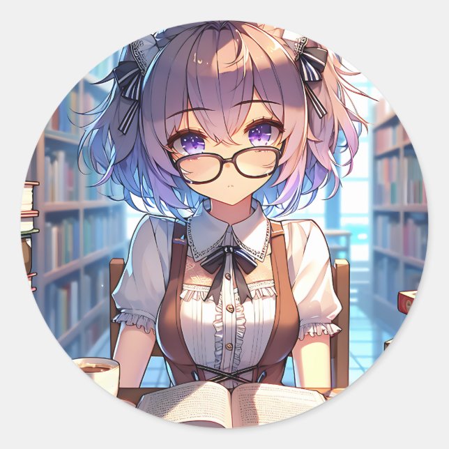 Anime Girl with Glasses at the Library  Classic Round Sticker (Front)