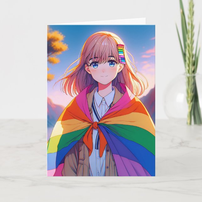 Anime Girl with LGBTQIA+ Cape Blank Card (Front)