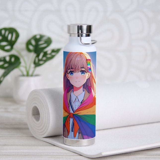 Anime Girl with LGBTQIA+ Cape   Water Bottle (Yoga)