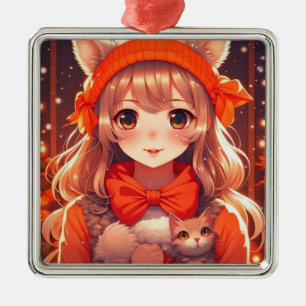 Anime Girl with Orange Kitten Christmas Metal Ornament
