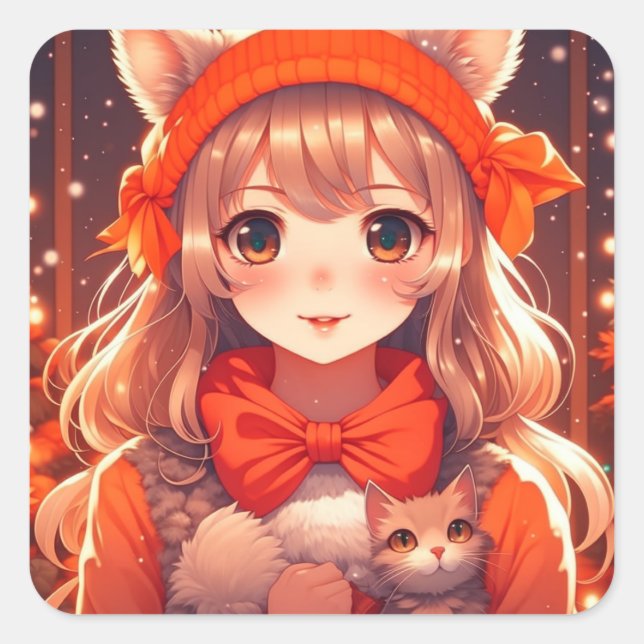 Anime Girl with Orange Kitten Christmas Square Sticker (Front)