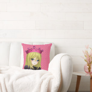 Anime Girl with Pink Crown Throw Pillow