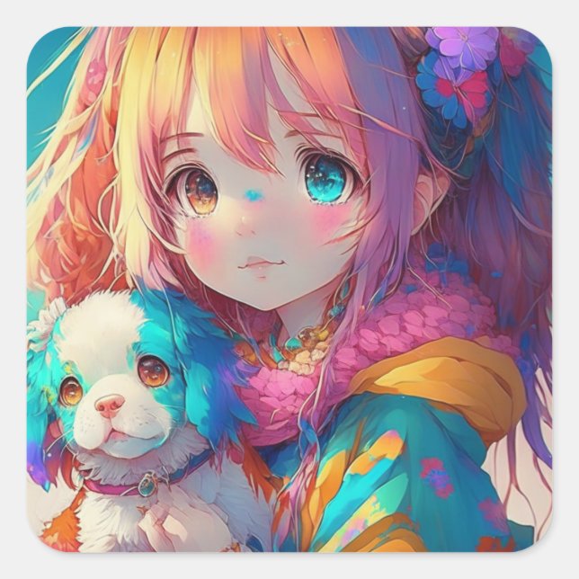 Anime Girl with Puppy Square Sticker (Front)