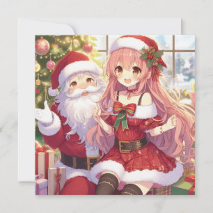 Anime girl with santa christmas holiday card
