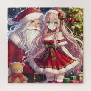 Anime girl with santa christmas jigsaw puzzle