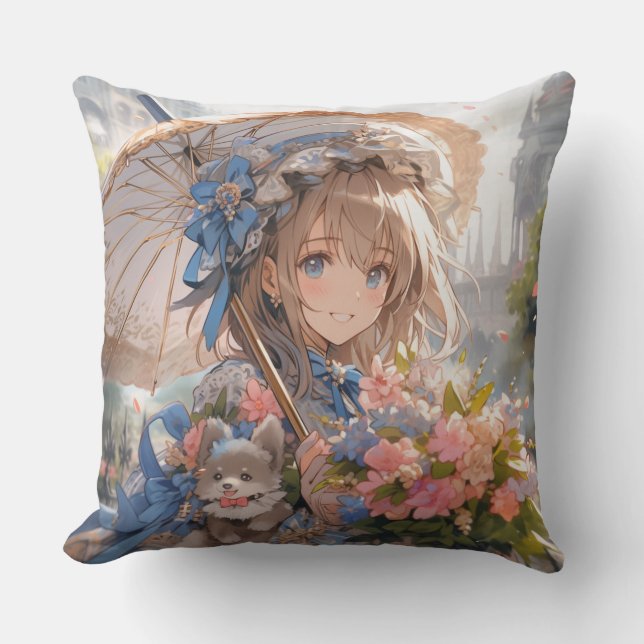 Anime girl with umbrella  throw pillow (Front)