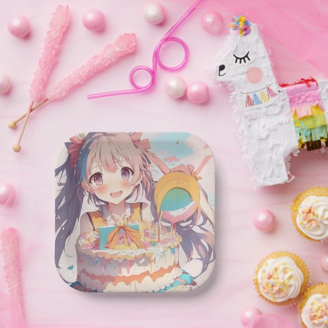  Anime Girl with Whimsical Birthday Paper Plate (Party)