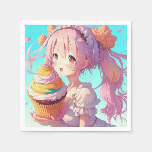  Anime Girl with Whimsical Cupcake Birthday Napkin