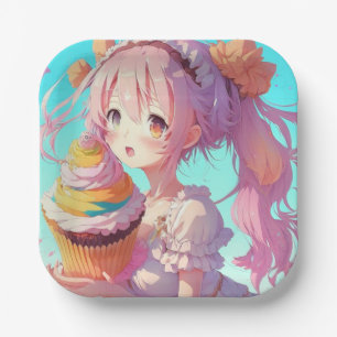 Anime Girl with Whimsical Cupcake Birthday Paper Plate