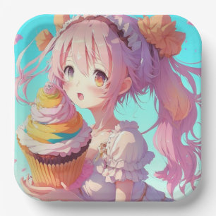 Anime Girl with Whimsical Cupcake Birthday Paper Plate